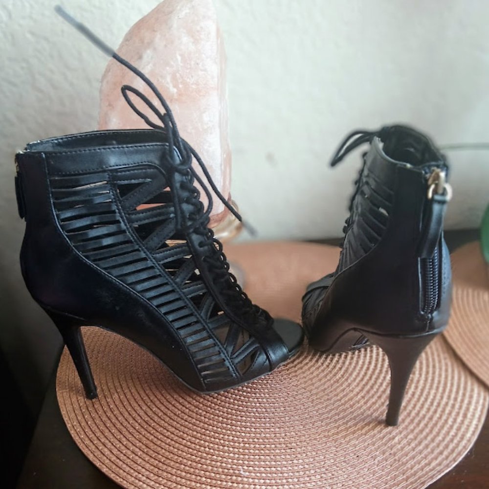 Black ankle lace up booties, open toe, size 7.5, used